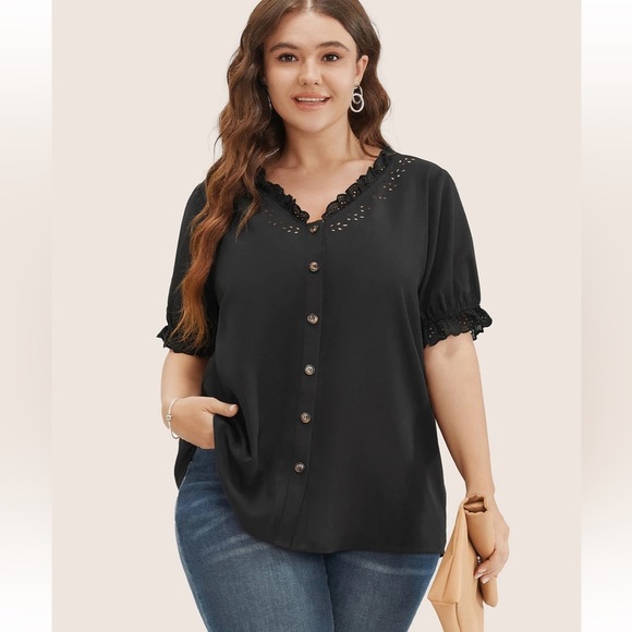 BloomChic Plus Size XL Solid Lace Trim Button Up Laser Cut Puff Sleeve Blouse - Picture 3 of 6